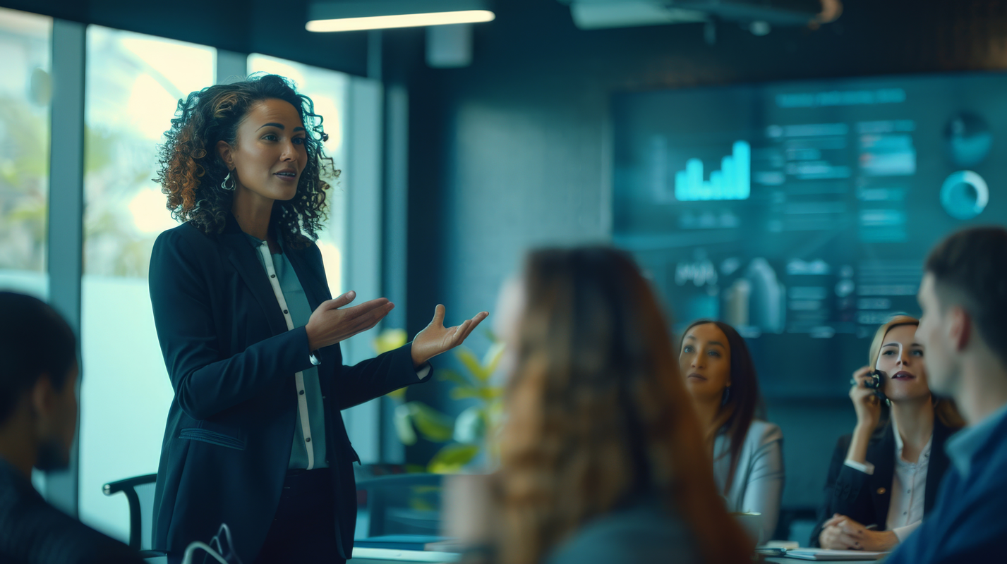 A businesswoman leading a presentation with digital statistics and charts in a modern conference room, engaging her multicultural team